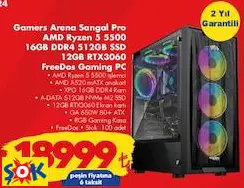 GAMERS ARENA SANGAL PRO AMD RYZEN 5 5500 16GB DDR4 512GB SSD 12GB RTX3060 FREEDOS GAMİNG PC OYUN BİLGİSAYARI